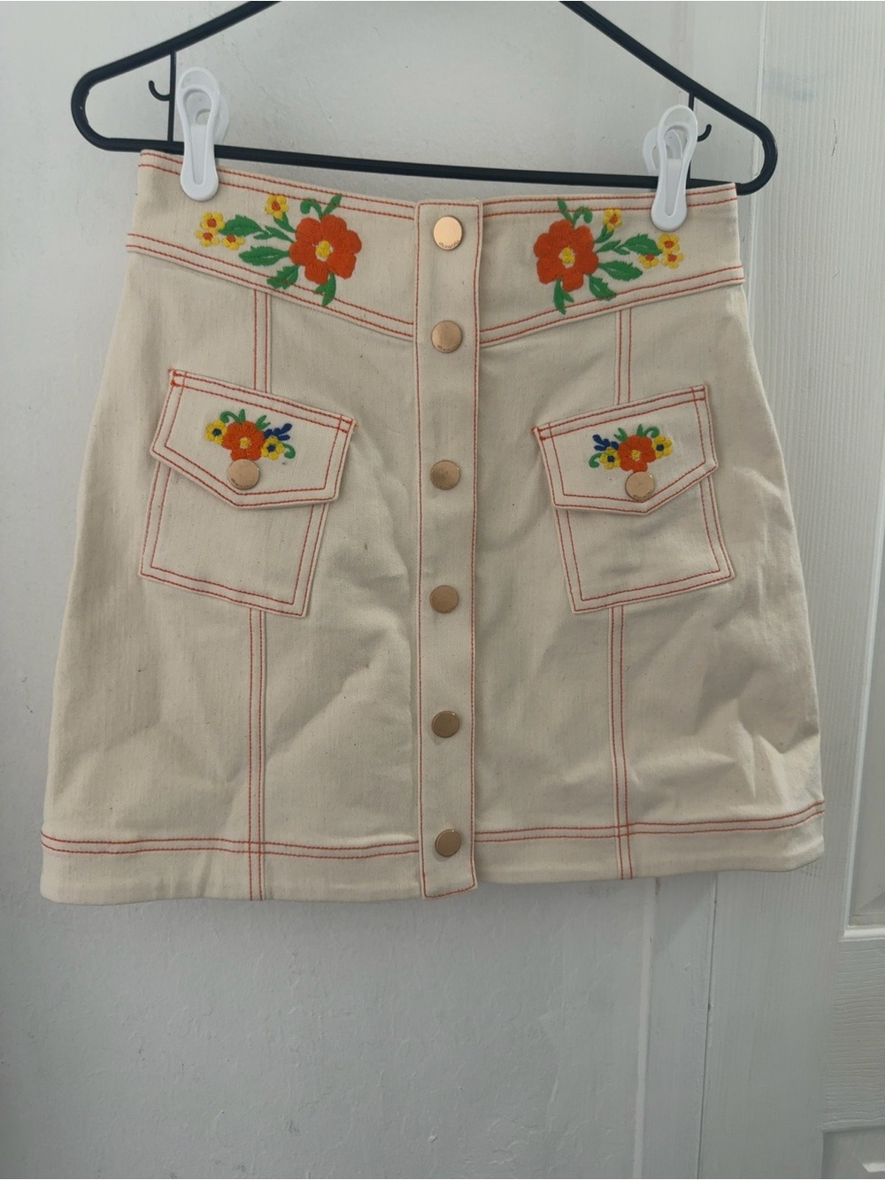 Alice McCall Cream Mini Skirt with Orange Floral Embroidery